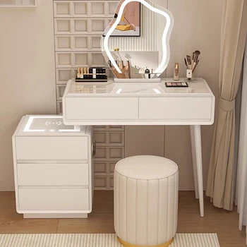 Stolička Biely toaletný stolík písací Stôl Spálňa make-up Zrkadlo Svetlá Minimalistický Márnosť Stoly, Zásuvky Rohu Tocador Mueble Nábytok LJ50DT
