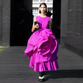 Módne Fialové 3D Kvet Taft Prom Šaty Halter A-line Ženy Maxi Šaty Otvorte Zadný Formálnej Strany Šaty