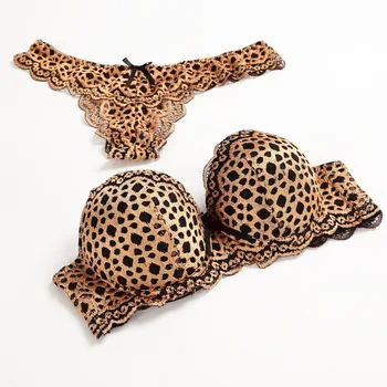 Sexy Čipka Leopard G-String Bra Set Pre Ženy Brassiere Underwirwe Push Up Remeň Priesvitný Set Spodnej Bielizne Bielizeň Pánty Stručný Nastaviť Intimates
