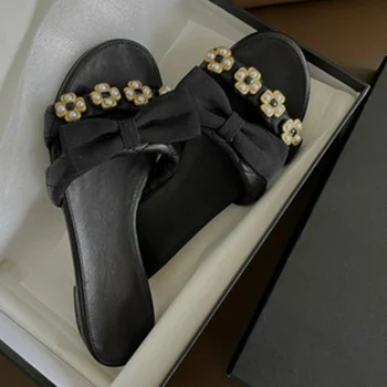 Black Bowknot Dámske Papuče Značky Dizajnér Lete Chinelos pravej Kože Pearl Ploché Topánky pre Ženy Biele Elegantné Pantuflas