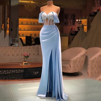Elegantné Milú 2023 Večerné Šaty Modrá Morská Víla Skladaný Mimo Rameno Bez Rukávov Štrbinou Formálne Prom Party Šaty Vestidos De Noche