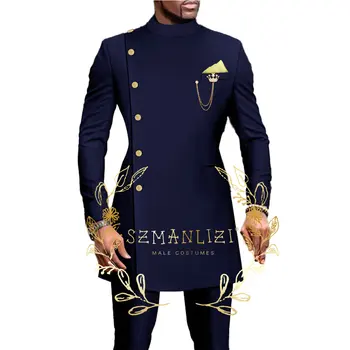 SZMANLIZI Afriky Dizajn Dvojitého Breasted Muži Obleky Stojan klope Námornícka Modrá Svadobné Tuxedos Ženícha Formálne oblečenie Najlepší Muž Sako Nohavice