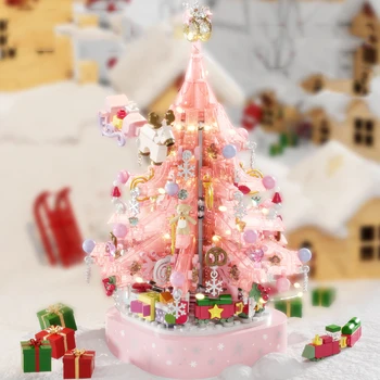 Ružový Kryštál Vianočný Stromček Santa Music Box Micro Stavebné Bloky Zostavené Mini Tehly Veselé Vianočné Hračky Pre Dieťa Dary