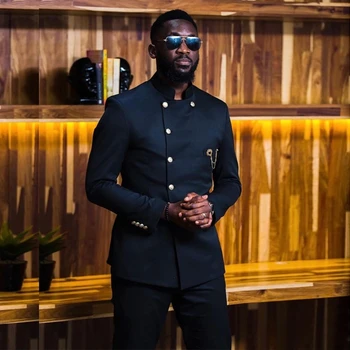 Móda Afriky Dizajn Black Muži Obleky Stojan Golier Kostým Homme Svadbu, Ples Terno Masculino Slim Fit Ženícha Tuxedos Sako
