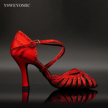 Iskrivý Červená Čierna Kamienkami latinskej Salsa Tanečné Topánky Prispôsobené Podpätky 6-10 cm Tanečné Topánky Pre Ženy