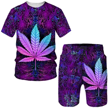 Nové Farebné Leaf 3D Tlač T-shirt/Set Lete Unisex Bežné tričko a Šortky Nastaviť Módne Pár Športové oblečenie