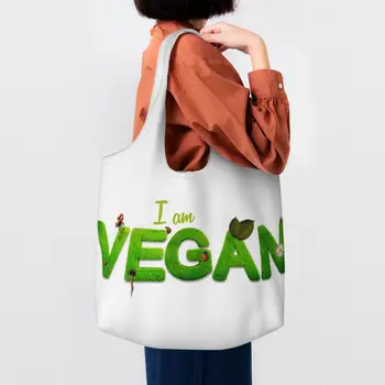 Ja Som Vegan Potraviny Tote Nákupní Taška Ženy Zdravé Potraviny Plátno Shopper Taška Cez Rameno Veľká Kapacita Tašky Fotografie Kabelky