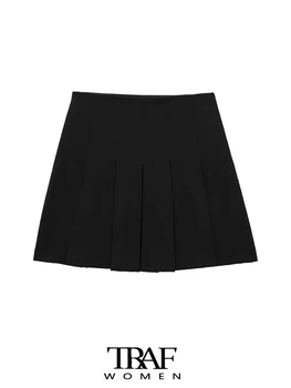 TRAF Ženy Fashion Box Zloženke Mini Sukne Vintage Vysoký Pás Bočné Zips Sukne Mujer