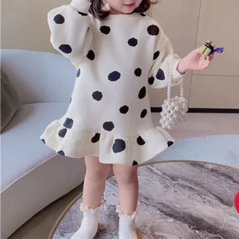 Dievčenské Teplé Svetre Šaty 2023 Zimné Nový Kórejský Dievčenské Spojov Skladaný Šaty Polka Dot Vytlačené Baby Deti Ležérne Oblečenie