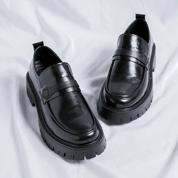 2023 Mužov Kórea Kožené Platformu Oxfords Pošmyknúť na Bežné Pánske Mokasíny Štvorcové Prst Formálne Šaty, Topánky Hrubé Muž Derby Topánky