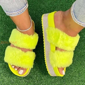Ženy Kožušiny Papuče Drahokamu Platformu Ploché Päty Hrubé Jediným Candy Farby Crystal Lete Listov Sandále Dámske Topánky veľká veľkosť
