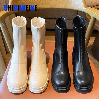 SDWK 8cm 35-43 punk štýl Jesenné topánky elastické mikrovlákno topánky žena členková obuv na vysokom opätku čierne hrubé platformu členok boot
