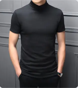A1813 Rukáv Slim Body T-Shirt Mužov Farbou Modale Vysoký Golier Trend