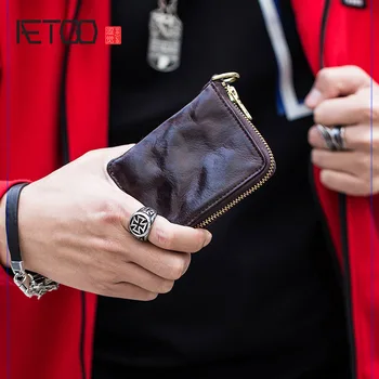 AETOO Prvá vrstva cowhide zips peňaženky, krátke retro ručne skladaný peňaženky, jednoduché pánske trendy peňaženka