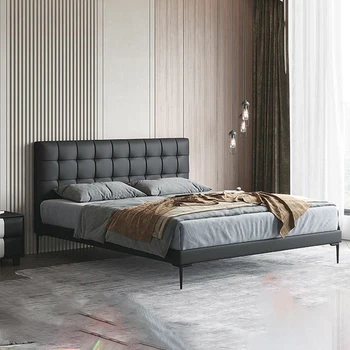 Taliansky minimalistický hornej vrstvy kože posteľ so svetlom luxusnom štýle manželskou posteľou, spálňa king bed, svadobné lôžko, moderné minimá