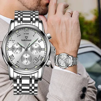 Mark Fairwhale pánske Hodinky Business Quartz Klasické 41mm Náramkové hodinky Multifunkčné Kalendár 30 M Vodotesné Hodinky relojes 5010