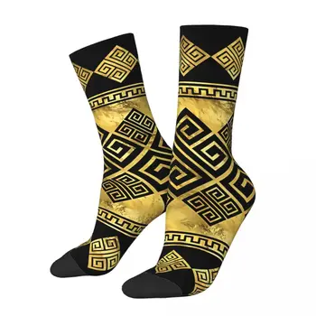 Hip Hop Vintage grécky Tlačidlo Čiernej A Zlatej Blázon pánske Ponožky Unisex grécky Meander Street Style Bezšvíkové Vytlačené Posádky Ponožky