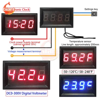 DC0-300V 3-V-1 Digitálny Voltmeter Tester Elektronické Hodiny s Vysokou Presnosťou Teplomer Červená/Modrá/Zelená/Oranžová LED Displej