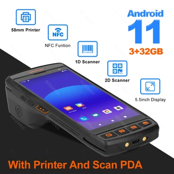 5.5 palcový Android 11 4G PDA Data Collector ručný Terminál s NFC 58mm Tepelnej Doručenia Tlačiareň štítkov 2D Čiarových kódov Čítačka 3G 32G
