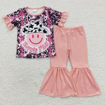 krátky rukáv leopard tričko ružové bavlnené bell spodnej časti nohavice nastaviť smajlík oblečenie, detské odevy deti, butiky