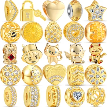 Fit Pôvodné Kúzlo Náramok Pandora DIY Európe Šperky 925 Striebro, Zlaté Šťastie, Mačka Hviezdy Visiaci zámok Key Bee Srdce Sklo, Lesklé Perly