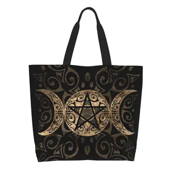 Móda Triple Mesiac Bohyne Pentagram Nakupovanie Tote Tašky Recyklácie Pohanské Wiccan Plátno S Potravinami Ramenný Shopper Taška