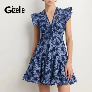 Gizelle Malé daisy háčkovanie duté Slim dámske šaty vyšívané tvaru šnúrkou dizajn pás fly fly rukáv šaty Elegantné y2k