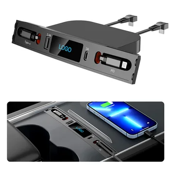 Auto USB Nabíjačka Multi Port Pre 2021 2022 2023 Model 3/Y Multifunkčné Príslušenstvo S Logom A Zdvíhateľnej Kábel