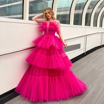 2023 Couture Hot Pink Dlho Prom Party Šaty Ručne Viazané Tylu bez Ramienok Načechraný Večerné Šaty Formálne Šaty vestidos de noche