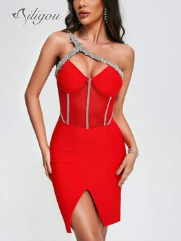 Ailigou 2023 Nové Žien Crystal Red Diamond Tesný Mini Obväz Večerné Šaty Elegantné, Sexy plavky s uväzovaním za Krk Midi Narodeniny Klubu Šaty