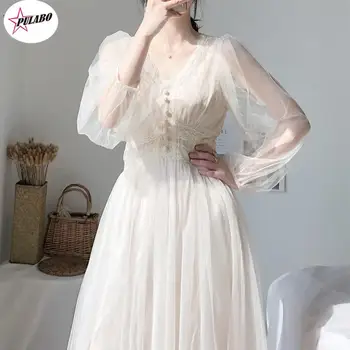 Ženy Jar Vintage Šaty Elegantné s Tlačidlo-Line Šaty Pevné Lístkového Rukáv Čipky Voile Oka Šaty Žien Vestidos Žena