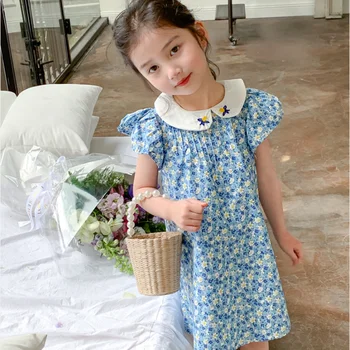 Princezná Baby Girl Dress Kvetina Tlače Krátkym Rukávom Letné Deti Narodeniny Šaty pre 2-6Y Baby Girl Batoľa Dievča Oblečenie Vestido