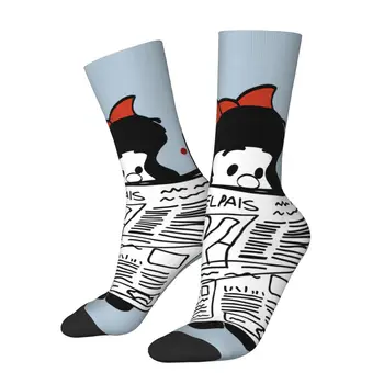 Šťastný pánske Ponožky Čítanie Novín Retro Mafalda Cartoon Harajuku Novinka Posádky Ponožky Darček Vzor Vytlačené