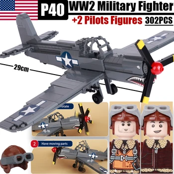 MOC WW2 P40 Fighter Model Stavebné Bloky Kit NÁS Shark Lietadlá, Piloti Nálepky Vojaci Vzdušných Síl Zbrane Tehly Hračky pre Chlapcov Darček