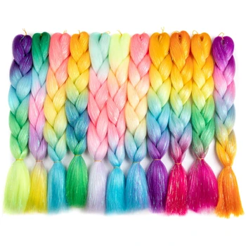 Ombre Syntetické 24 inch Lesk Jumbo Vrkôčiky Rozšírenia Iskru Rainbow Farebné Pletenie Vlasy Pre Ženy Veľkoobchod DIY Účes