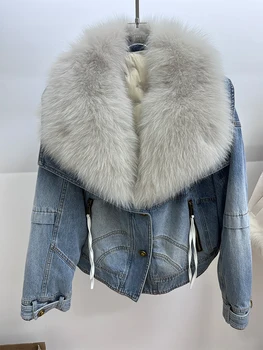 Nové dámske Zimné Denim Biela Hus Nadol Kabáty S Prírodnými Reálne Fox Kožušiny Golier Outwear Luxusné Žena Bunda