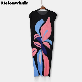 MelonWhale Miyake Skladaný Dizajnér Vintage Kvetinový Tlačené Šaty Bez Rukávov Ženy Letné Dámske Elegantné Dlhé Šaty Veľkosti Pluse