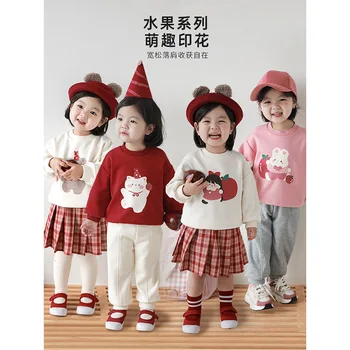 2023 Jeseň Nové Dievčenské Ovocie Tlač Dlhý Rukáv Mikina Detská Kórejský Roztomilý Voľné Top