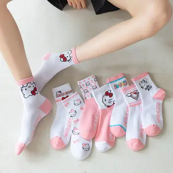 4 Páry Sanrio Hello Kitty Ponožky Nové Kreslené Žien Priedušná Bavlnené Ponožky Roztomilé Anime Vzor Dievča Česanej Bavlny Žena Ponožky