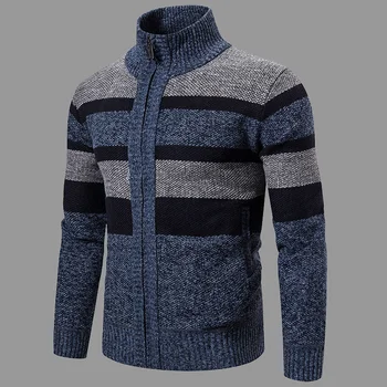 Pánske Zimné Fleece Sweatercoat Pruhovaný Sveter Pletený Sveter Bunda Slim Fit Stojan Golier Hrubé Teplé Outwear Coats