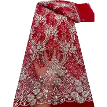Kvalitné Luxusné Červenej Africkej Flitrami Čistý Čipky Textílie S korálkami 5Yards Nigérijský francúzskej Čipky a Tylu Textílie Na spoločenské Šaty P359