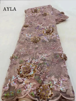Najnovšie 3D Čipky Kvety Afrického Šiť Materiál Strana Čipky Tkaniny francúzsky Tylu Nigérijský Čipky Textílie pre Ženy Šaty Korálkové Tkaniny