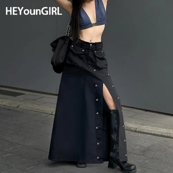 HEYounGIRL Gotickej Módy Nit Vysoká Rozdeliť Dlhé Sukne Ženy Streetwear Kórejský Nízkym Pásom Black Punk Hot Vrecku Maxi Sukne Grunge