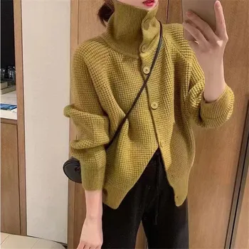 Nové dlhým rukávom malátny turtleneck sveter na jeseň a v zime, voľné tlačidlá, bežné pletený sveter pre ženy