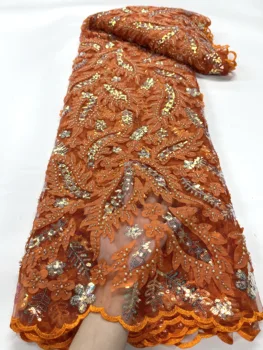 2023 Luxury 3D Orange Čipky Textílie 5 metrov Dubaj Strane korálkové tylu čipky tkaniny, Výšivky Nášivka Afriky textílie materiál