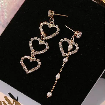 Asymetrický Srdca Náušnice pre Ženy Móda Crystal Pearl Strapec Drop Náušnice Zlatá Farba Dlho Visieť Náušnice Šperky