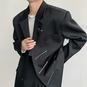 Nadrozmerné Čierne Sako Mužov High-end Fashion Voľný Oblek Bundy Multi-zipsy Muž Streetwear Bežné kórejský All-zápas Oblek