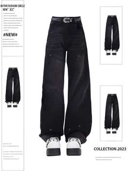 Dámske Čierne Gotický Džínsy Vintage 90. rokov Džínsové Nohavice Vysoký Pás kórejský Y2k Streetwear Harajuku Širokú Nohu, Goth Nohavice, Oblečenie 2023