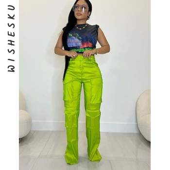 Sexy Neon Green Cargo Nohavice Ženy Vysoký Pás Vrecko Širokú Nohu, Safari Nohavice 2023 Jar Jeseň Harajuku Y2K Oblečenie