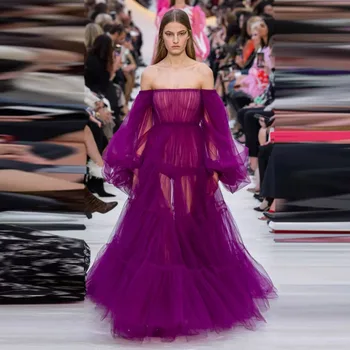 Nové Couture Prom Šaty Vrstvený Mimo Ramenný Dlhý Rukáv Večerné Šaty Svieži Party Šaty Purple župan de soiree vestido de festa